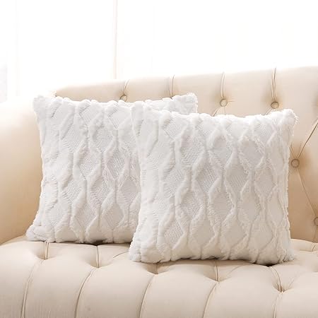 Volcanics Pack of 2 Faux Wool Throw Pillow Covers 20x20 Inches Decorative Farmhouse Velvet Couch Pillow Case Soft Plush Square Boho Cushion Pillowcase, White
