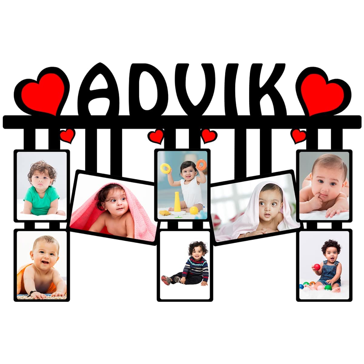 AG BRAND Customized Collage Photo Frame With Names | Best Gift For Birthday, Kids, Friends, Brother, Sister, Rakhi | Personalized With 8 Images And Texts