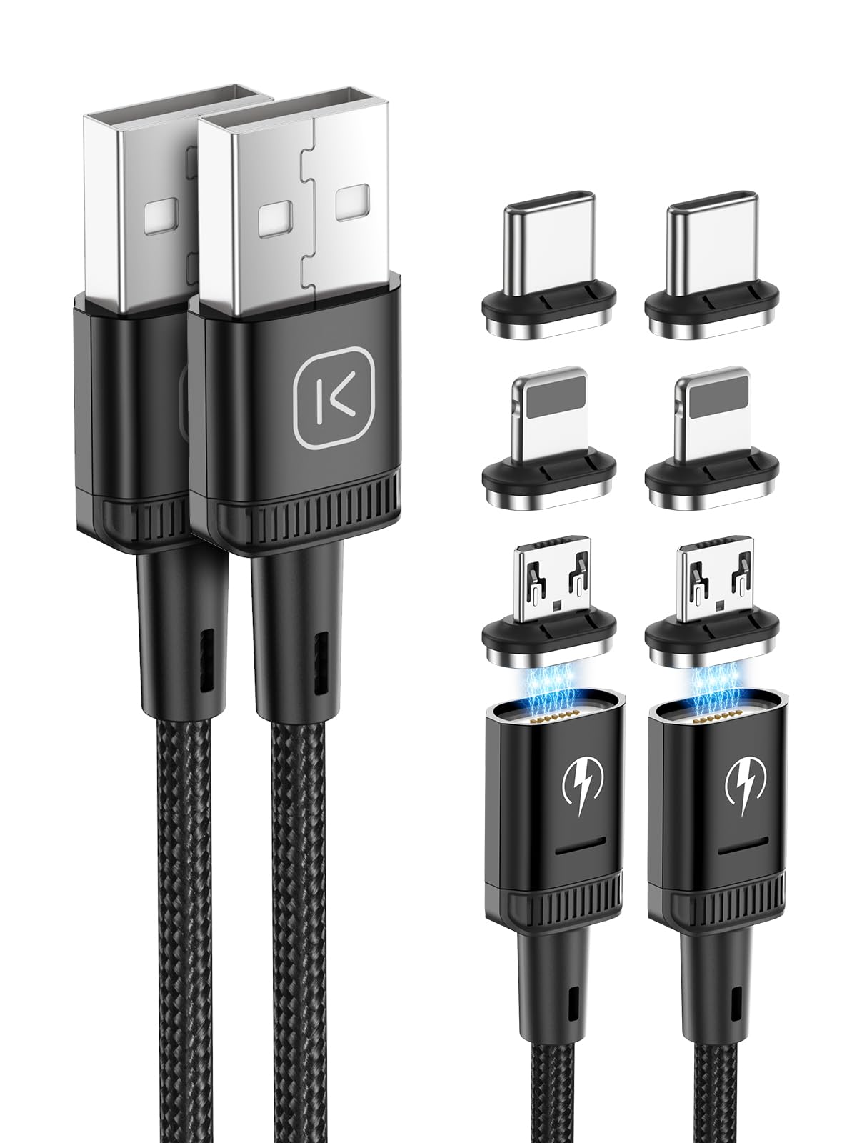 3-in-1 Magnetic Charging Cable 2 Pack (1M + 1M) Nylon Braided USB C Data Cable for iPhone/Samsung/Micro USB Devices, Black