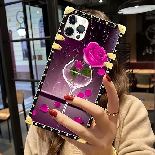 Miniatura 6 de DAIZAG Funda compatible con iPhone 13 Pro Max, rosa rosa en copa de vino, iPhone 13 Pro Max, decoración de esquina de metal retro dorado, TPU suave