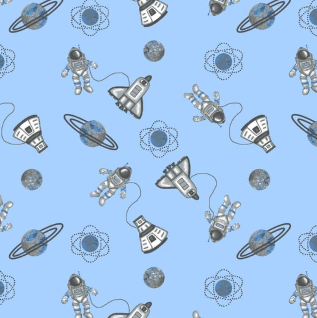 Blue Astronauts, Space Ships, and Planets Comfy Cotton Flannel Fabric by The Yard
