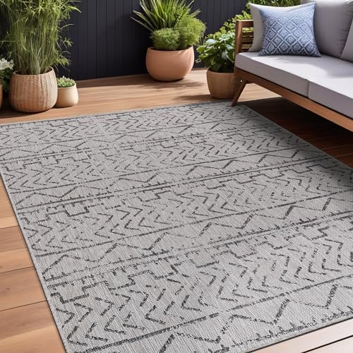 Beverly Rug Waikiki Indoor Outdoor Rug 5x7, Washable Outside Carpet for Patio, Deck, Porch, Trellis Area Rug, Water Resistant, Dark Grey - Light Grey