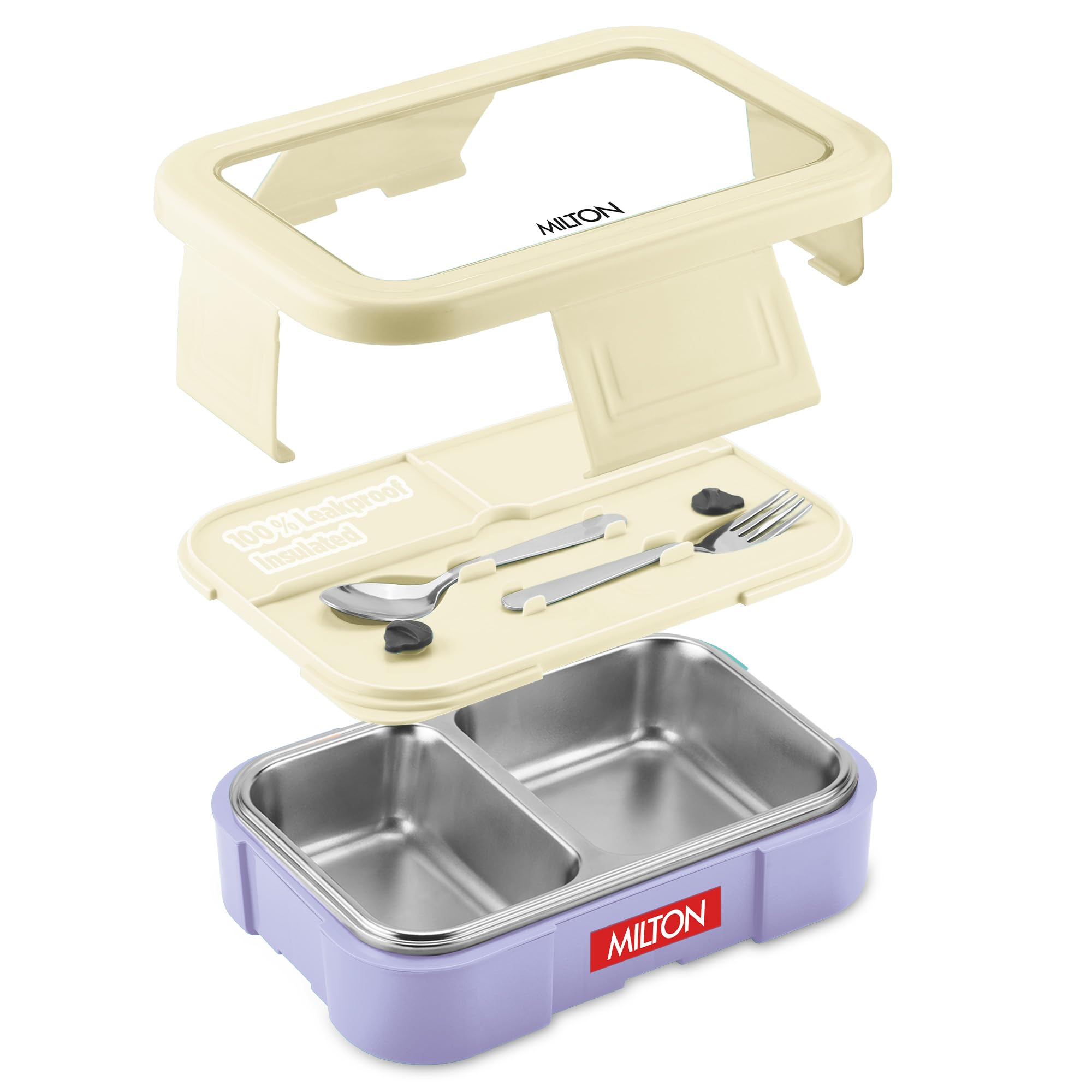 MILTON Ethan 2 Inner Stainless Steel Tiffin Box for School, 2 Partition, Steam Release Plug | PU Insulated, Leak-Proof, Food Grade I Lunch Box for Kids Boys, Girls with Snap Lock Lid, 650 ml, Beige