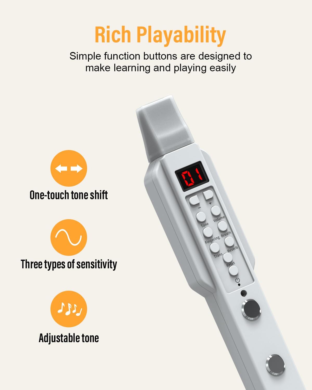 Digitales Blasinstrument Weiß MIDI-Bluetooth Elektronisches Blasinstrument Abnehmbare Düse Stromkabel 10 Instrumententöne