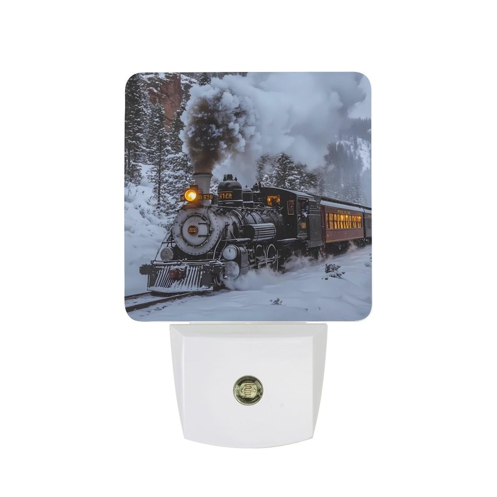 Vintage Steam Train Snowy Day Funny LED Night Lights Plug Into Wall Smart Lighting for Hallways Kitchen Bedroom