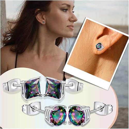 BLUGY Aretes de tuerca redondoscuadrados chapados en oro blanco con circonita cúbica de cuarzo arcoíris hipoalergénicos para orejas sensibles,