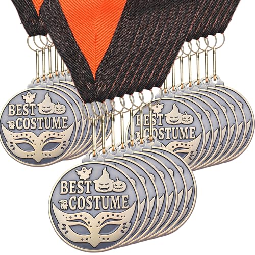 Kenning 20 Pcs Best Costume Halloween Medals 2 Bronzy Costume Contest Award Medals with Neck Ribbon Colorful Mask Pumpkin Ghost Pattern for Halloween Party Prizes Decoration