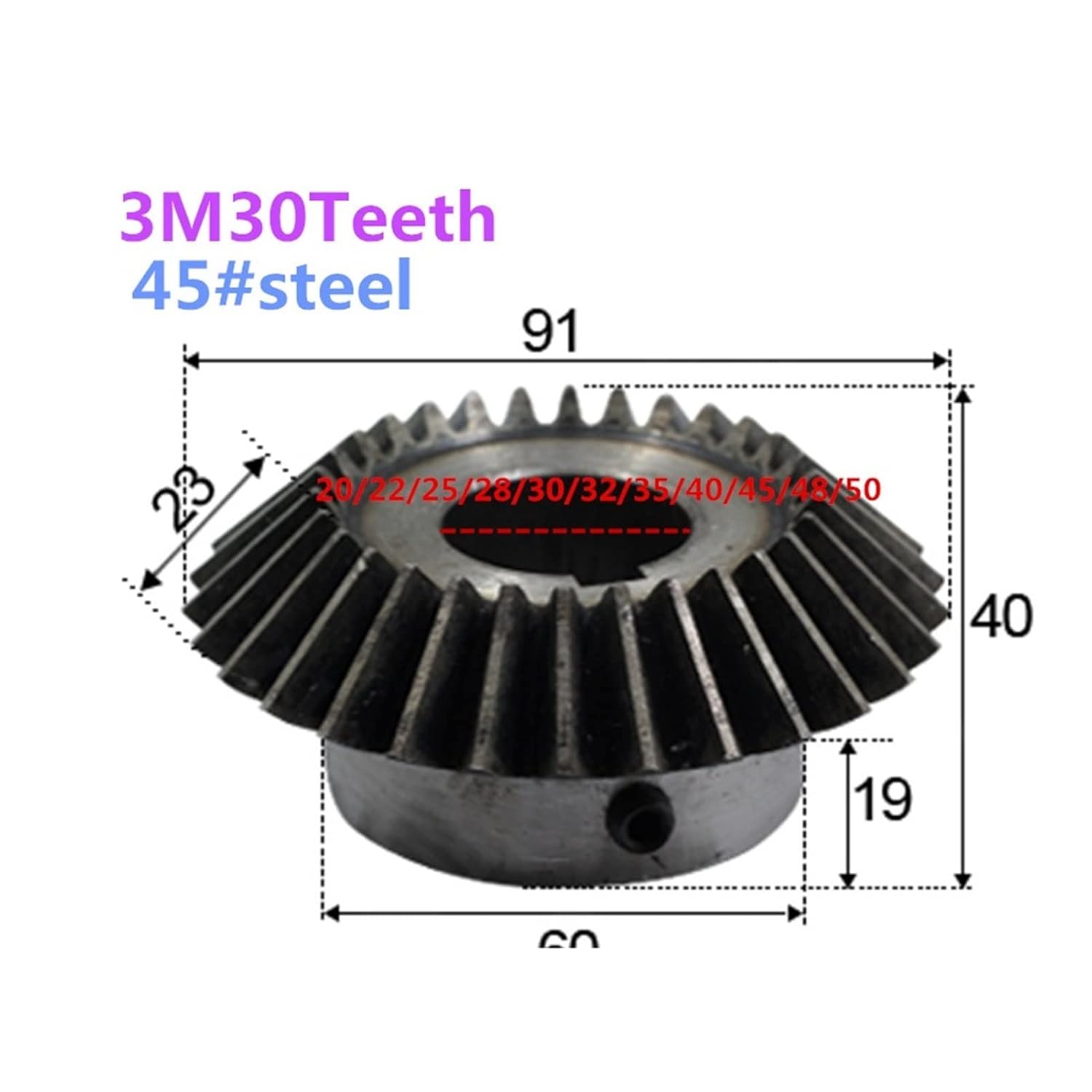 1pc 3 Module 30 Teeth Bevel Gear with M6 Screw - 20-50mm Inner Hole - for Mechanical Transmission and Steering Drive(32mm bore 30 Teeth)
