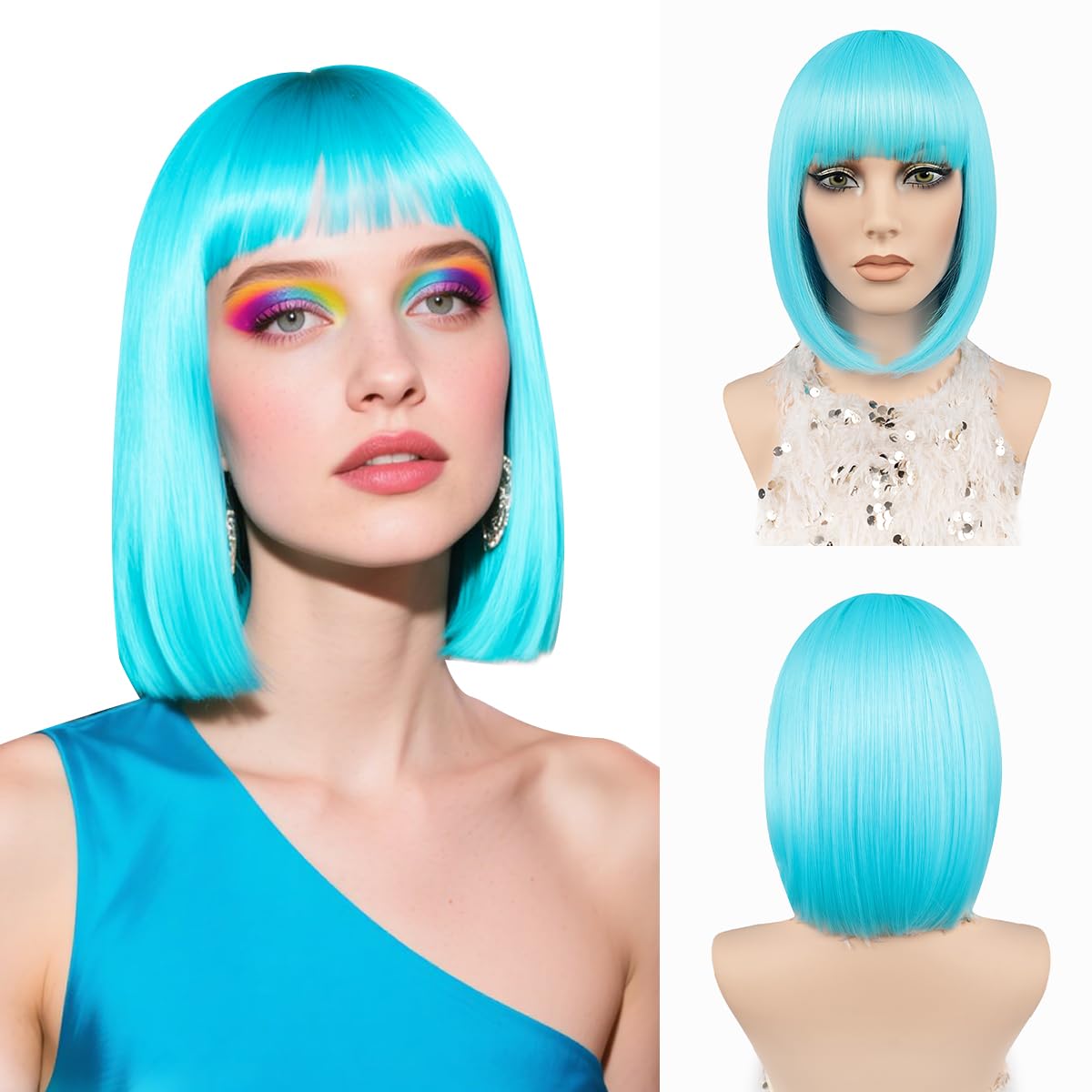 Straight Blue Bob Wig with Bangs 12" Short Bob Wigs for Women Girls Cosplay Party Synthetic Fiber Colourful Bob Wigs Fashion Looking Christmas Halloween Daily Use (Teal Blue)