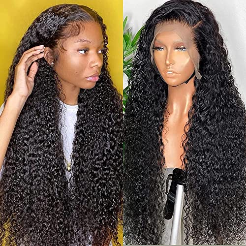 Water Wave Lace Front Wig With Baby Hair 13X4 HD Lace Frontal Wig Glueless Natural Black Curly Human Hair Pre Plucked Hairline Free Part 180% Density Lace Curly Hair Wet and Wavy Wigs For Black Women 