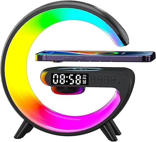 Miniatura 9 de Mini lámpara de altavoz inalámbrico con reloj despertador, carga inalámbrica, luz de atmósfera, lámpara de mesita de noche regalos (blanco)