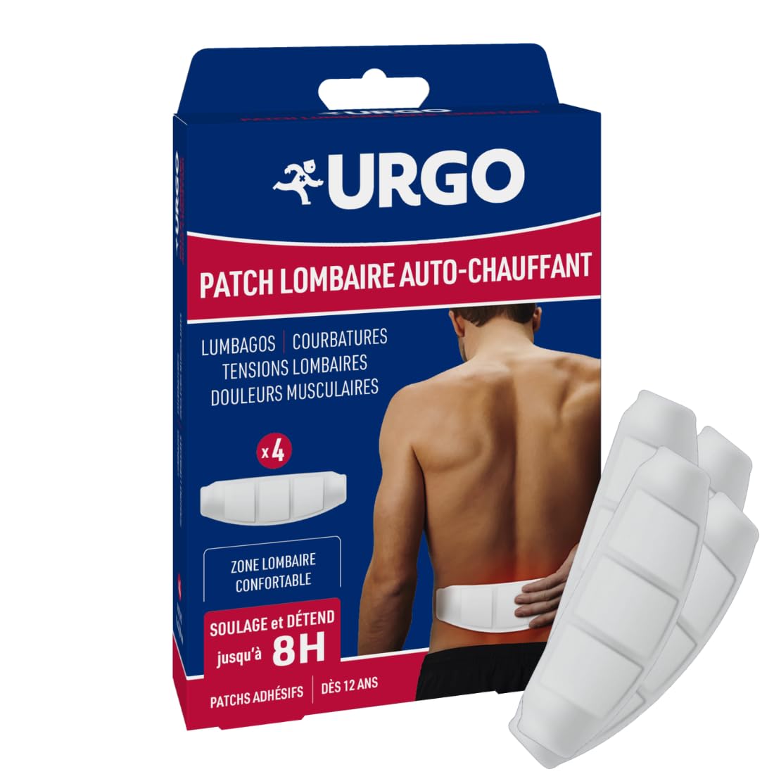Urgo - Patch auto-​chauffant lombaires x4 unités - Soulage les douleurs du dos de type contractions musculaires jusqu'à 8h - Doux et agréable