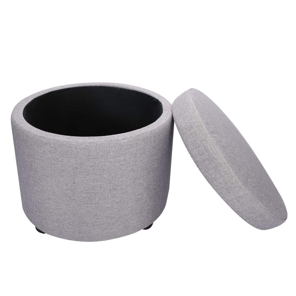 Ausla Taburete de Almacenamiento Multifuncional, Reposapiés Redondo con Tapa Extraíble, Esponja y Paulownia, 37 X 37 X 30 Cm, Asiento de Almacenamiento Oculto para Sala de Estar, Dormitorio,