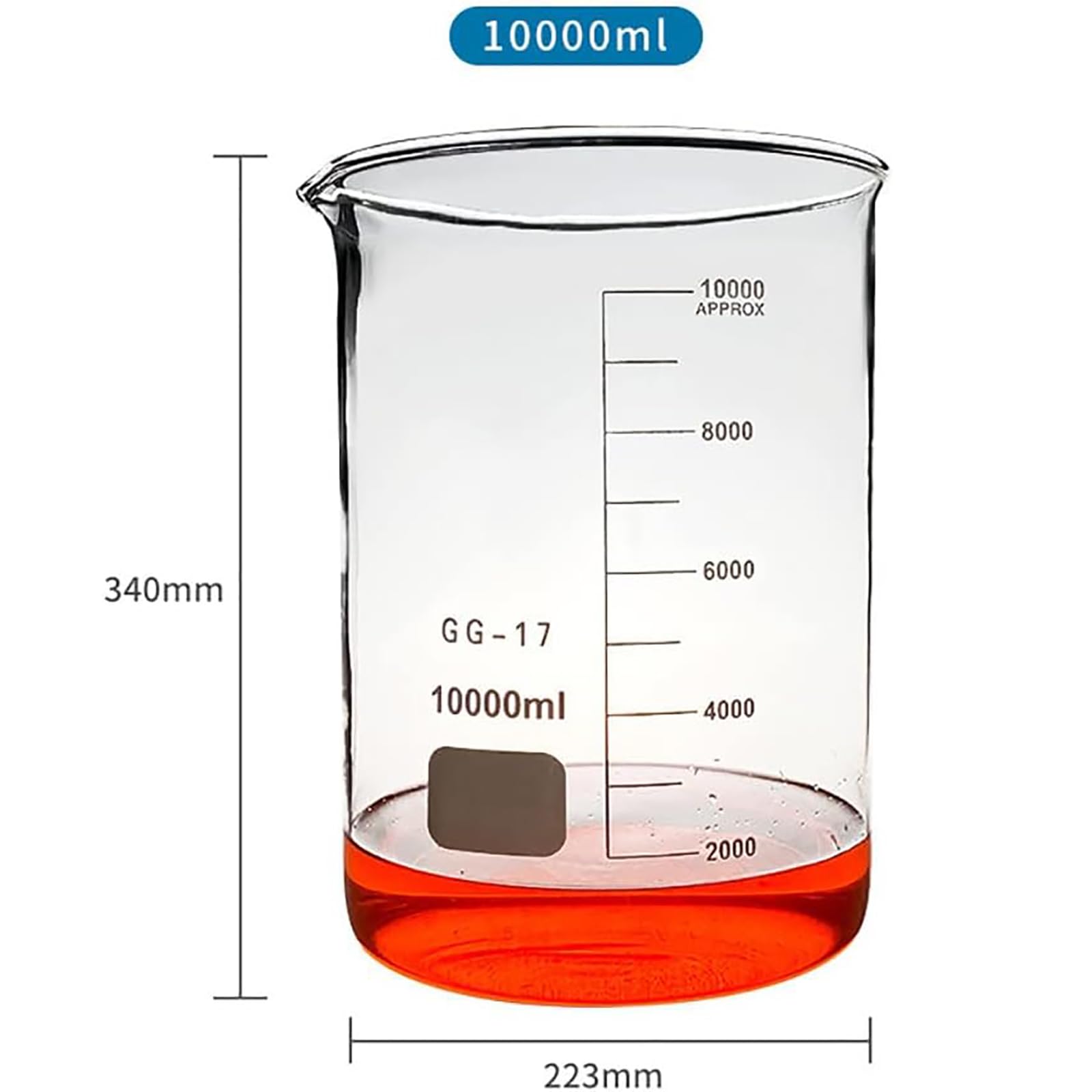 Becher Graduato in Vetro Borosilicato, Becher Graduato in Vetro, 2000-10000 Ml Opzionale, Tacca di Versamento, con Misurino Graduato, per Laboratorio,2000ml
