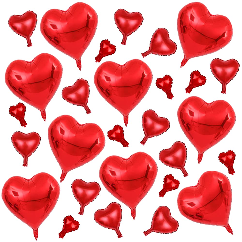 AnnoDeel 50pcs Heart Mylar Balloons, 18inch Red Heart Foil Blloons 3 Size Random 10inch 5inch Small Heart Balloons for Birthday Wedding LOVE