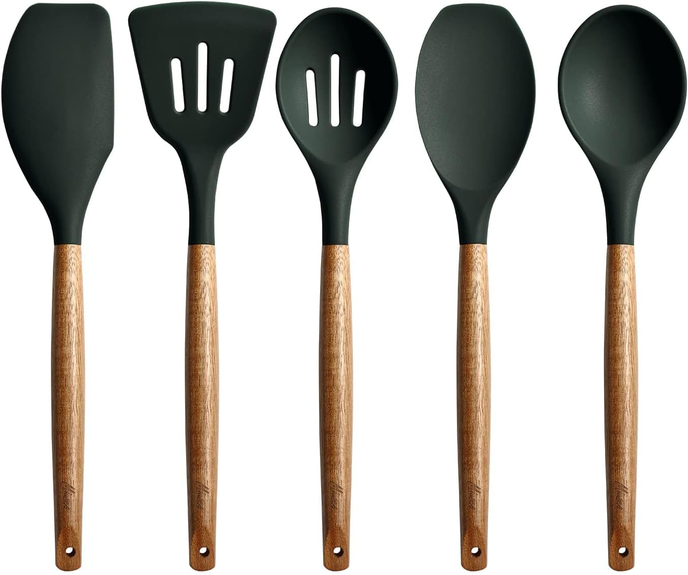 Miusco Non-Stick Silicone Cooking Utensils Set with Natural Acacia Hard Wood Handle, 5 Piece, High Heat Resistant (Green)
