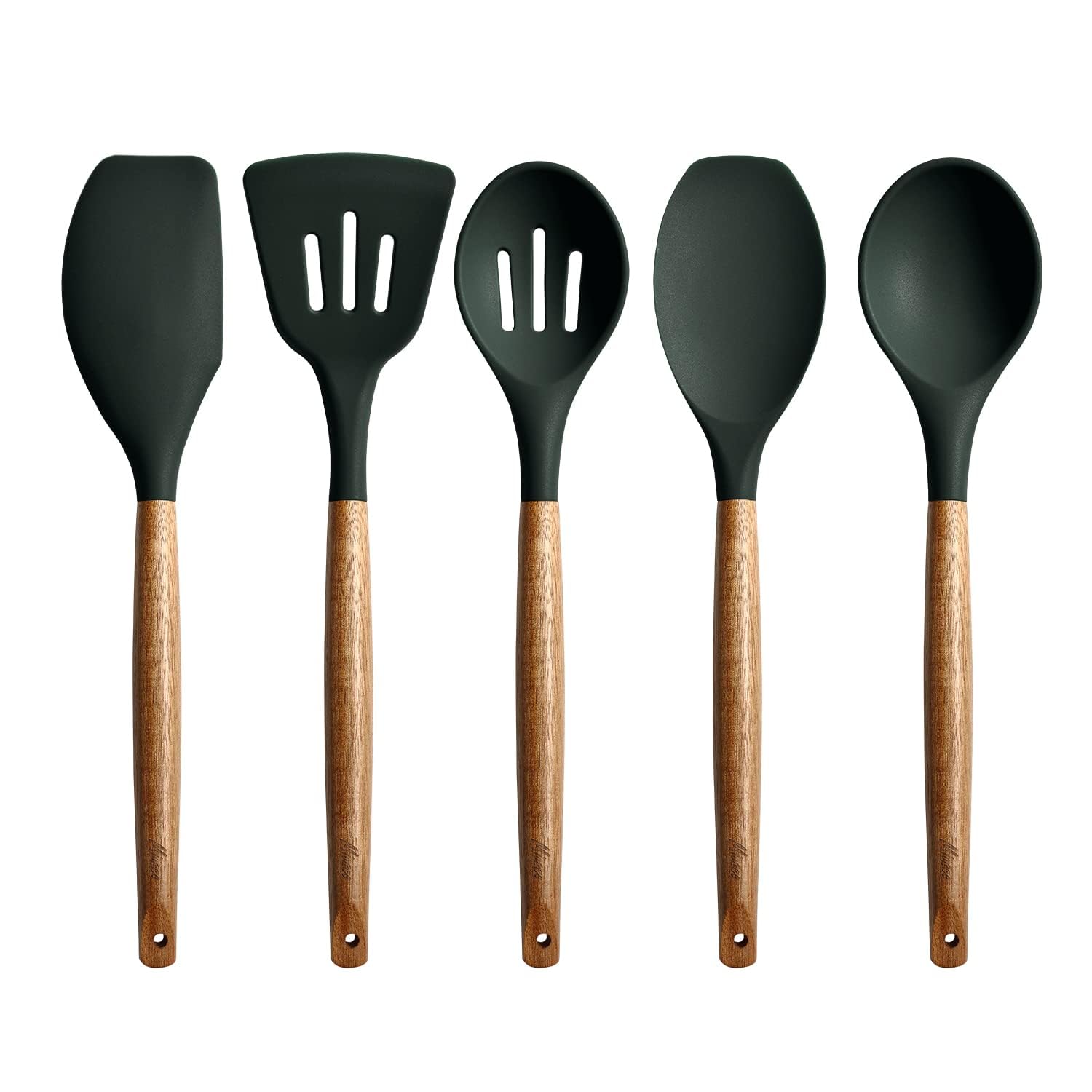 Silikon Kochlöffel Set, Antihaft-Küchenutensilien, 5-teilig, Küchenhelfer Mit Akazien-Hartholzgriff, Grün, BPA-frei, Zum Backen & Servieren