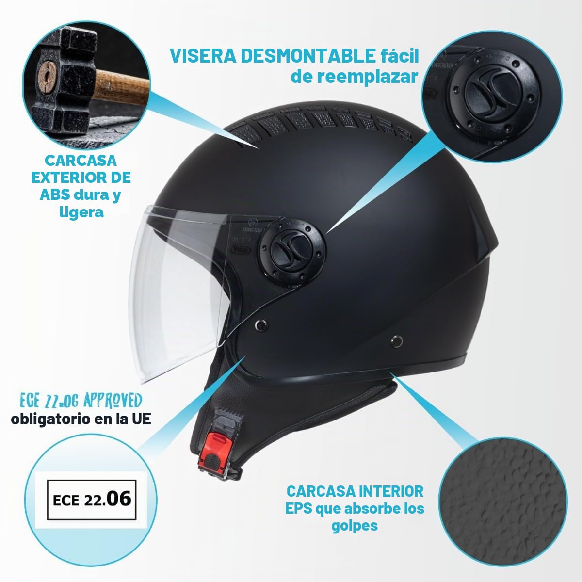 VINZ Como Casco Jet con Visera | Casco Scooter & Moto & Ciclomotor | ECE 22.06 Homologado | En Tamaño XS - XL | para Hombre y Mujer - Negro Mate