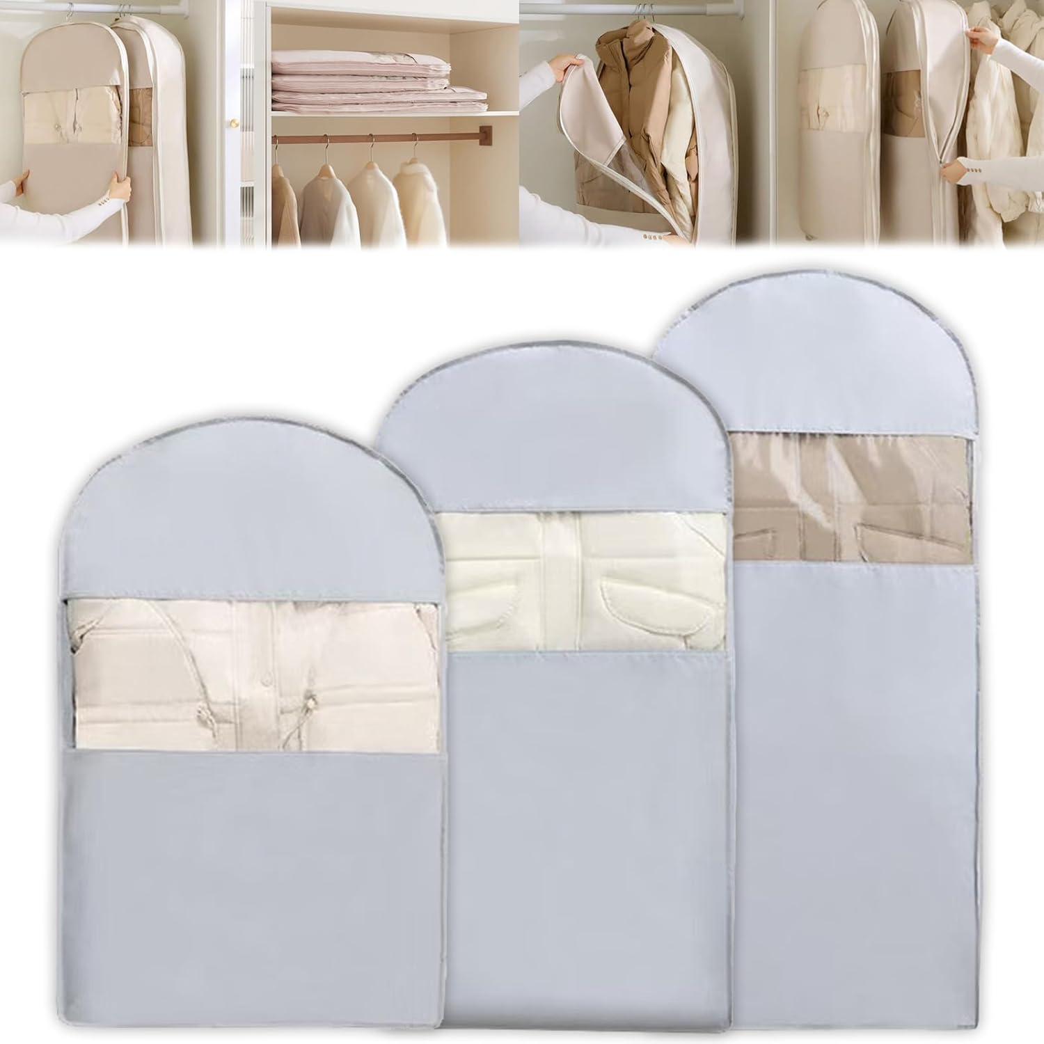 2025 Space Saving Hanging Garment Bag, with Self Compression Zipper, Dust Cover Clothes Storage Bags for Down Coat, Space Saver Clothes Bags, Suitable for Long-Term Storage Organizers (Grey, 3Pcs)
