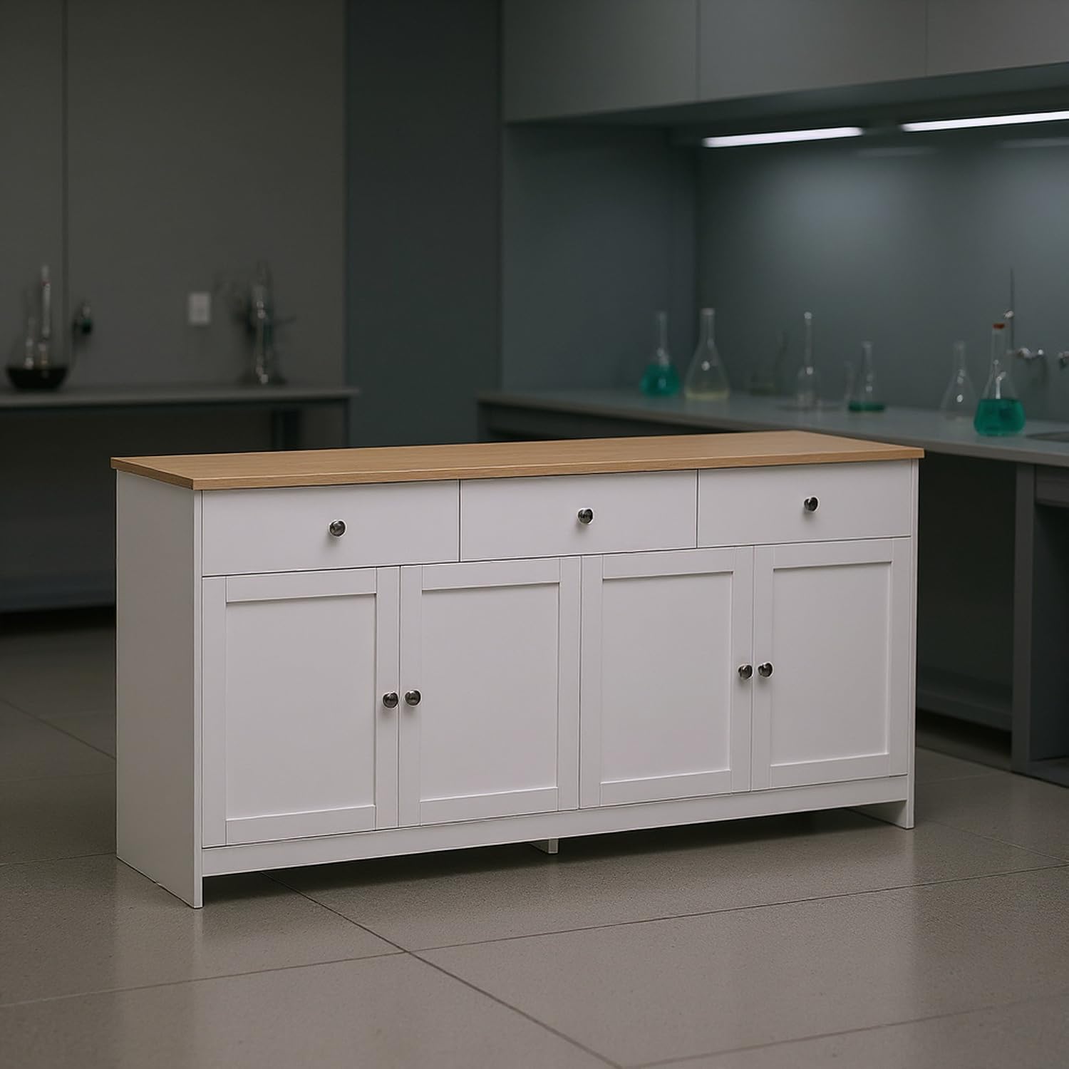 HOMYLIN Armario de laboratorio con cajones y puertas de almacenamiento, organizador de estación de trabajo científica de 160 cm de ancho, color blanco