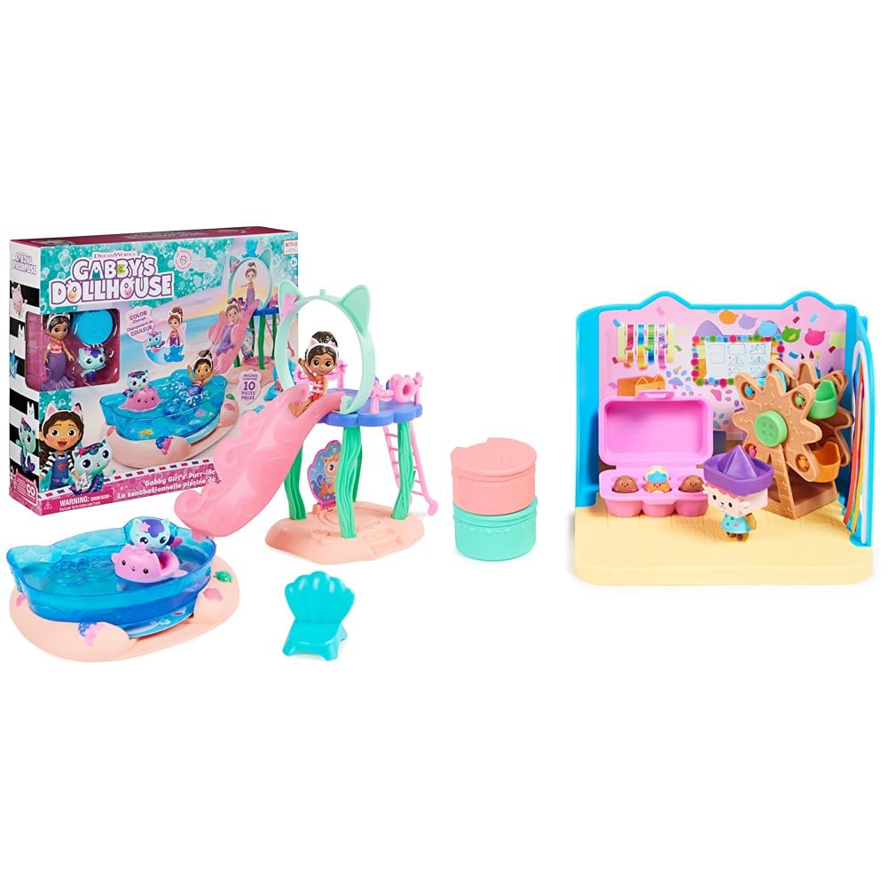 Gabby's Dollhouse, Purr-ific Pool Playset with Gabby and MerCat Figures & Baby Box Craft-A-Riffic Room with Baby Box Cat Figure, Accessories