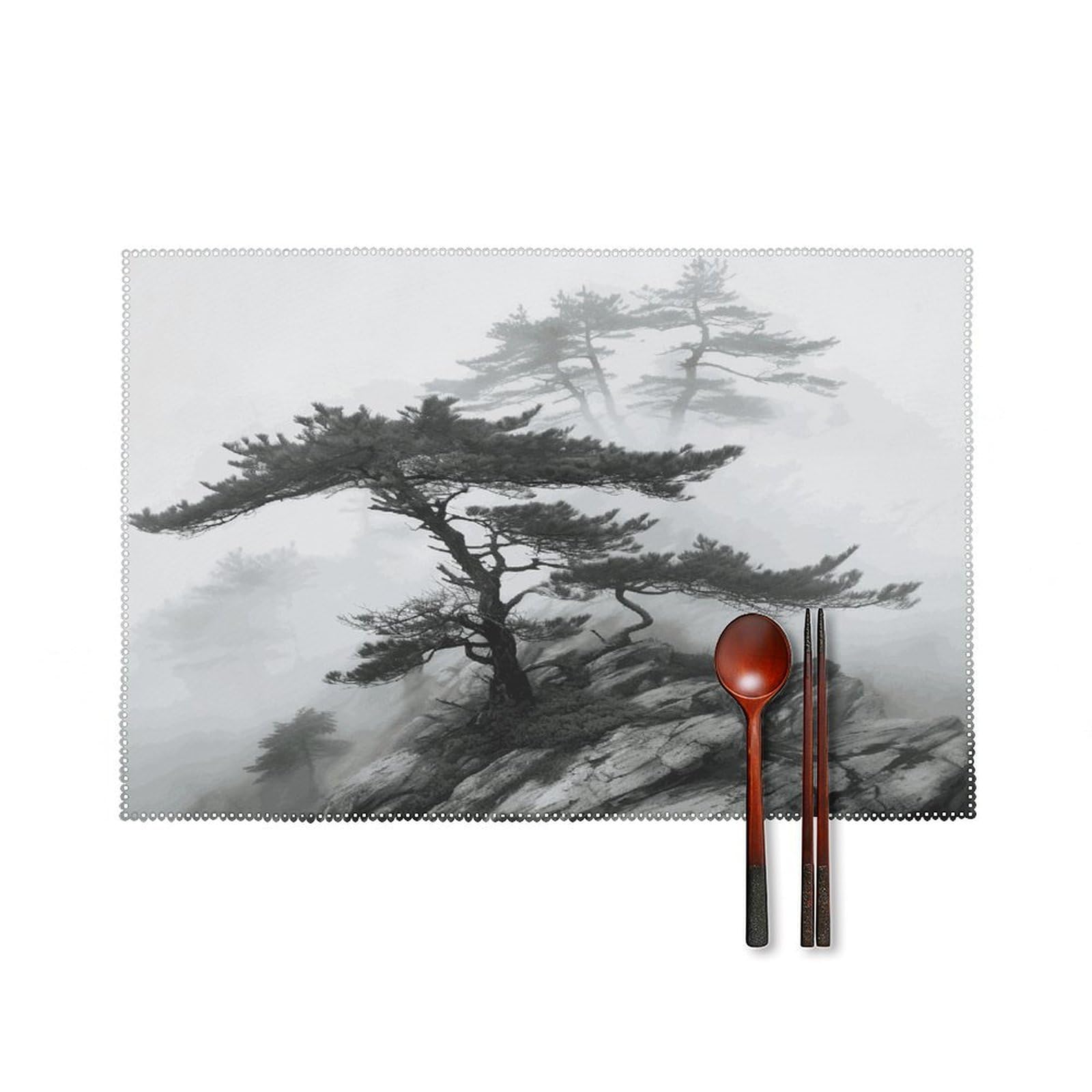 Foggy Mountain Pine Tree Placemats Set of 4 Heat Resistant Non-Slip Place Mats for Dining Table Washable Placemat Wipeable Dining Table Mat Canvas Place Mats Dining Table Decor