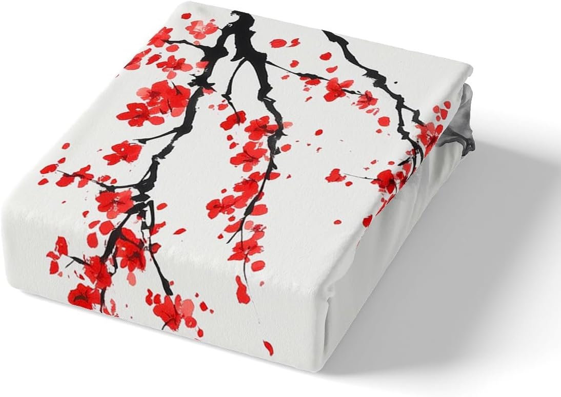 jejeloiu Japanese Style Duvet Cover Toddler Size Kids Red Cherry Blossoms Comforter Cover Set for Boys Girls Teens Man with Boat Bedding Set Breathable Ink Painting Bedspread Cover Quilt Cover