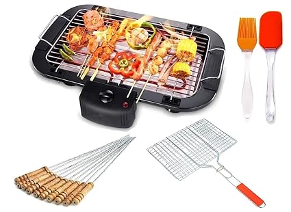 KNYUC MART Barbeque Grill Electric Smokeless Indoor/Outdoor Grill Portable Adjustable Temperature Control, 2000 W - 12 Skewers Black, Square Roasting grill And silicon oil brush and spatula