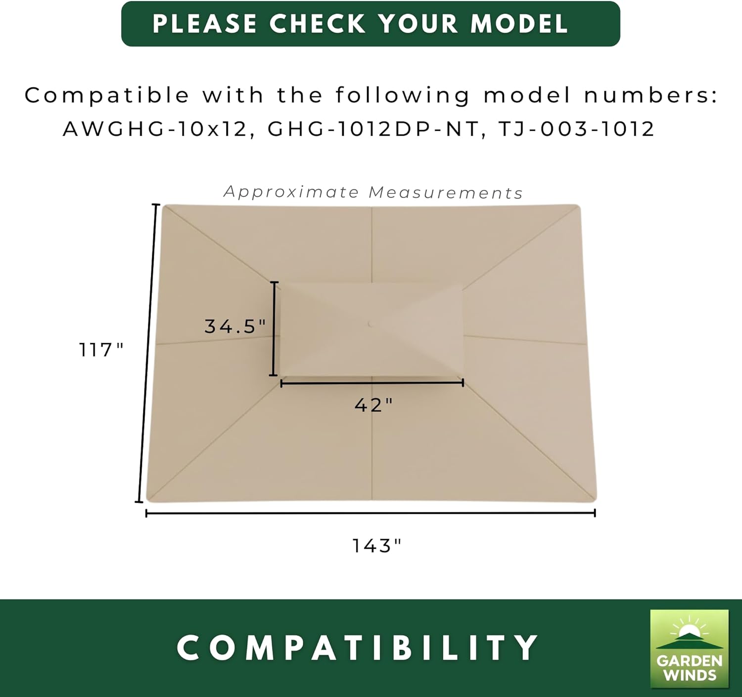 Garden Winds Reinforced RipLock 350 Replacement Canopy Top Cover Compatible with ABCCANOPY 10' x 12' Gazebo Models AWGHG-10x12, GHG-1012DP-NT, TJ-003-1012 - Beige