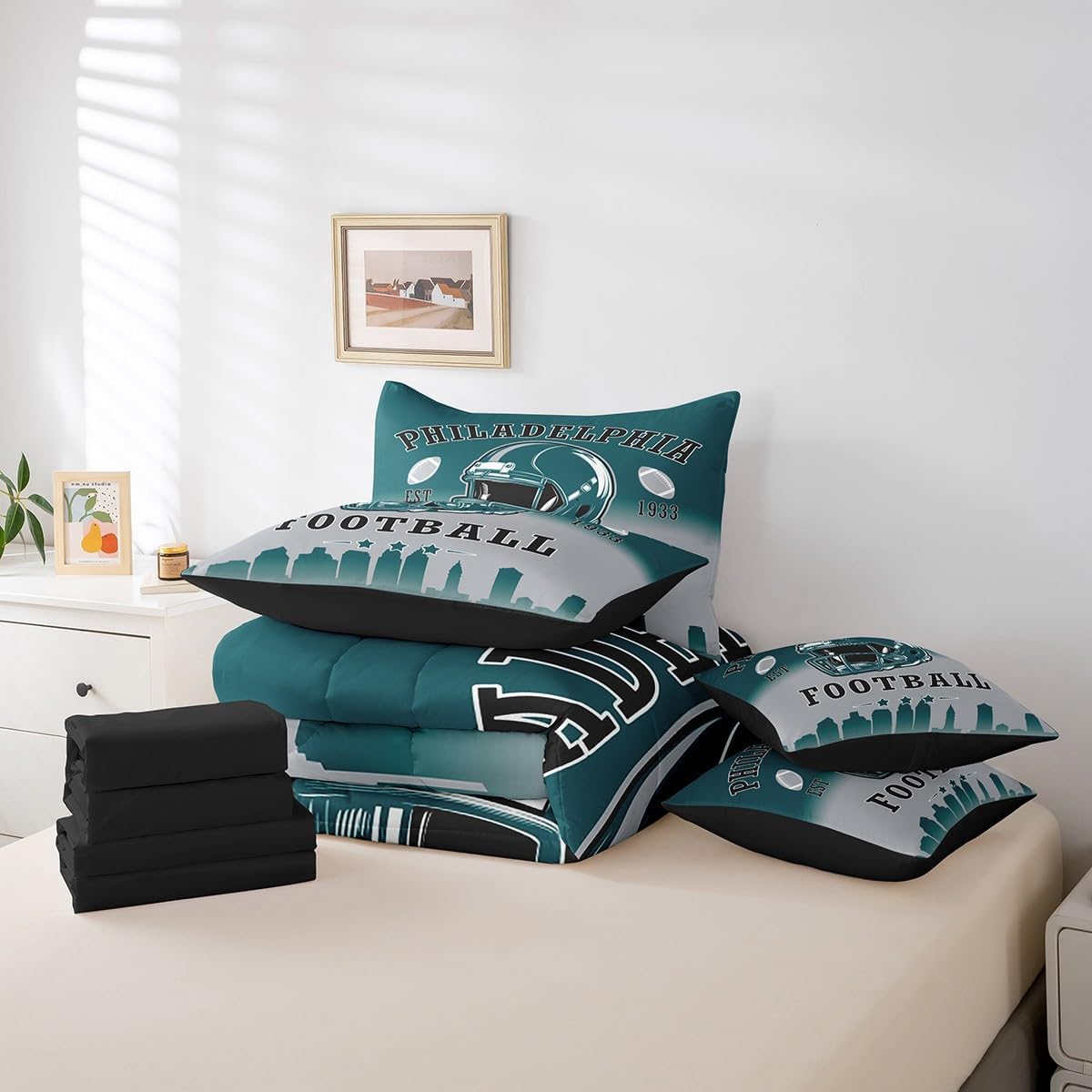 Erosebridal Football Comforter Set with Sheets American Soccer City Queen 7 Piece Bedding Set for Kids Teen Adults,Rugby Sports Green Grey Bed in A Bag Sports Competitive Games Bed Set - Image 7