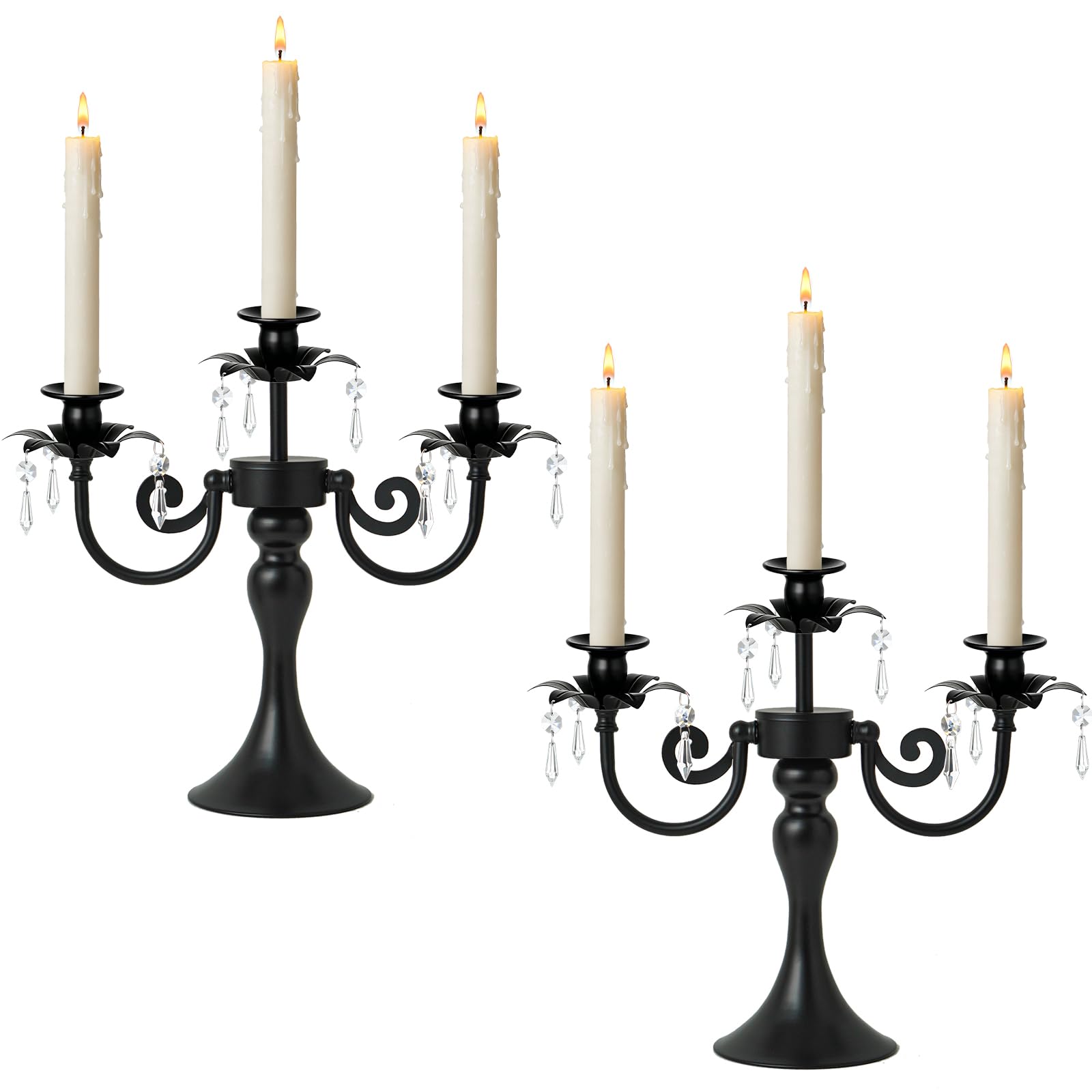 Metal 3 Arm Candelabra with Crystal Pendants - 11.8 Inch Tall Candle Holders, Set of 2 - Elegant Taper Candlestick Stand for Wedding, Dining Table, Christmas Party Home Decoration (2, Black)