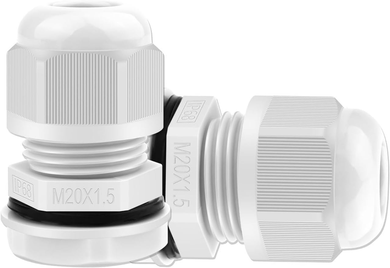 SuperInk 10 Pack White M20 Cable Glands, Waterproof Nylon Cable Connectors 6–12mm, IP68 Compression Cord Grips with Rubber Gasket, Electrical Wire Fittings for Junction Boxes and Outdoor Applications