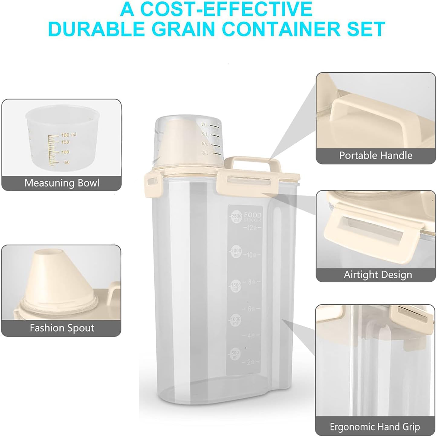 Luchtdichte opslagcontainers voor droogvoer - grote hondenvoeropslagcontainer met maatbeker, schenktuit voedselopbergdozen voor meel, granen, pasta, keuken, voorraadkast, organisatie 3 l (beige