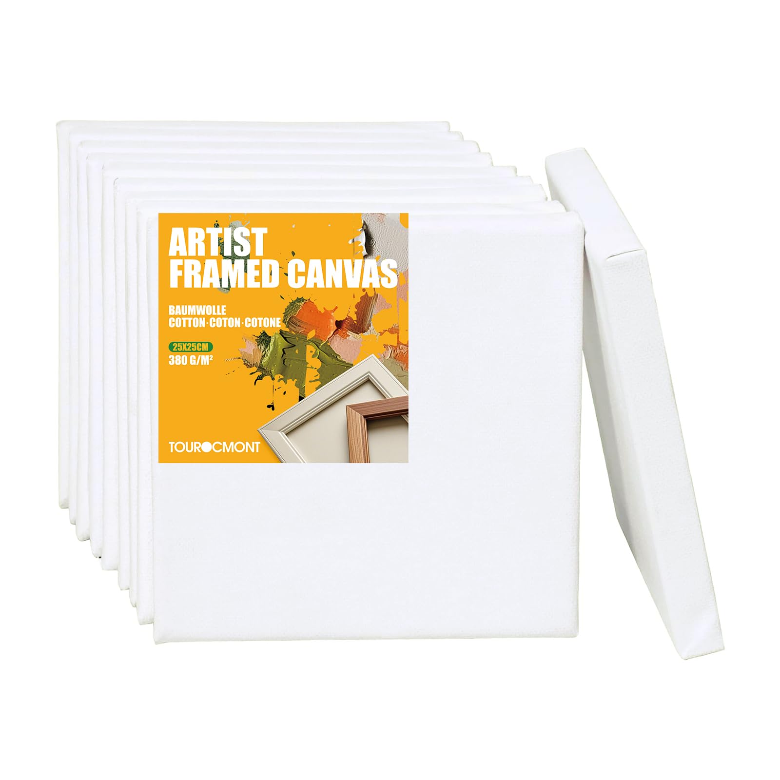 Pack de 10 lienzos de 25 x 25 cm, bastidores de algodón tensado, 380 g/m², lienzos para pintar, 100% sin ácidos, color blanco, imprimado para pintura acrílica, pintura al óleo, gouache