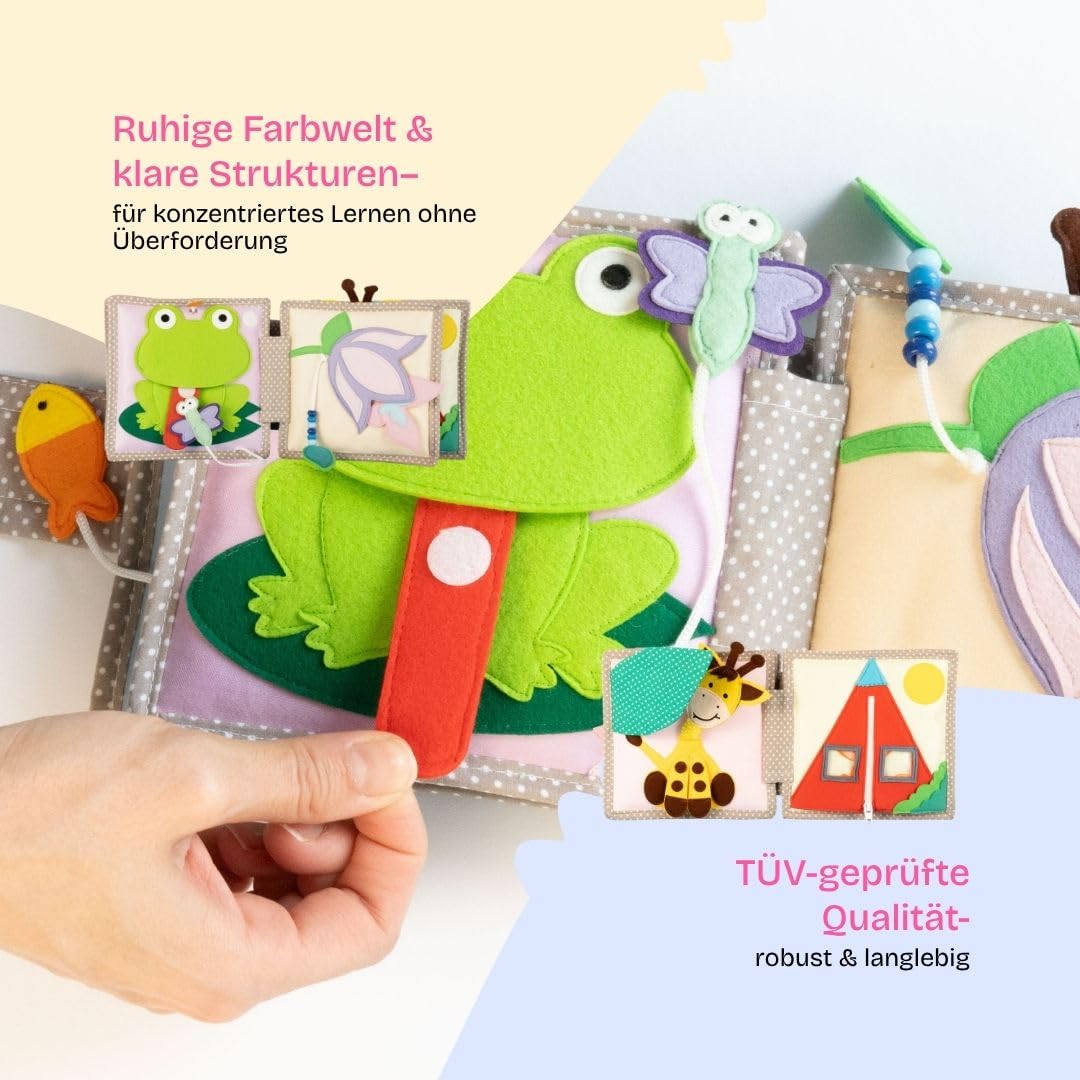 Jolly Designs Mini Quiet Book Schillernder Papagei – Montessori Spielzeug ab 6 Monaten – Fühlbuch & Busy Book ohne lose Teile – Stoffbuch & Motorikspielzeug aus Filz – Lernspielzeug für Babys