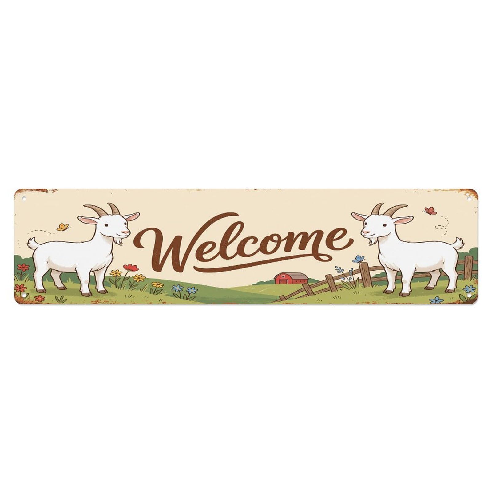 Olhnbad 4X16inch(10X40cm) Vintage Welcome Saanen Goat Metal Tin Sign