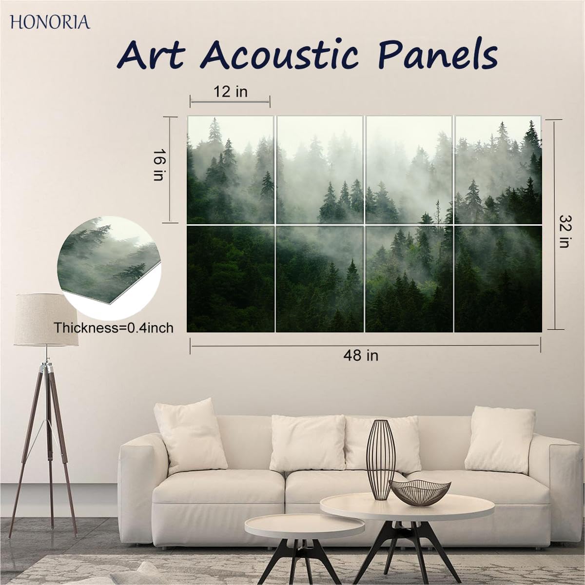 HONORIA 8 Pack Art Acoustic Panels 48X32Inches Sound Absorbing Panels,Self-adhesive Soundproof Wall Panels,Decorative Acoustical Wall Panels,Acoustic Treatment for Home Office&Recording Studio