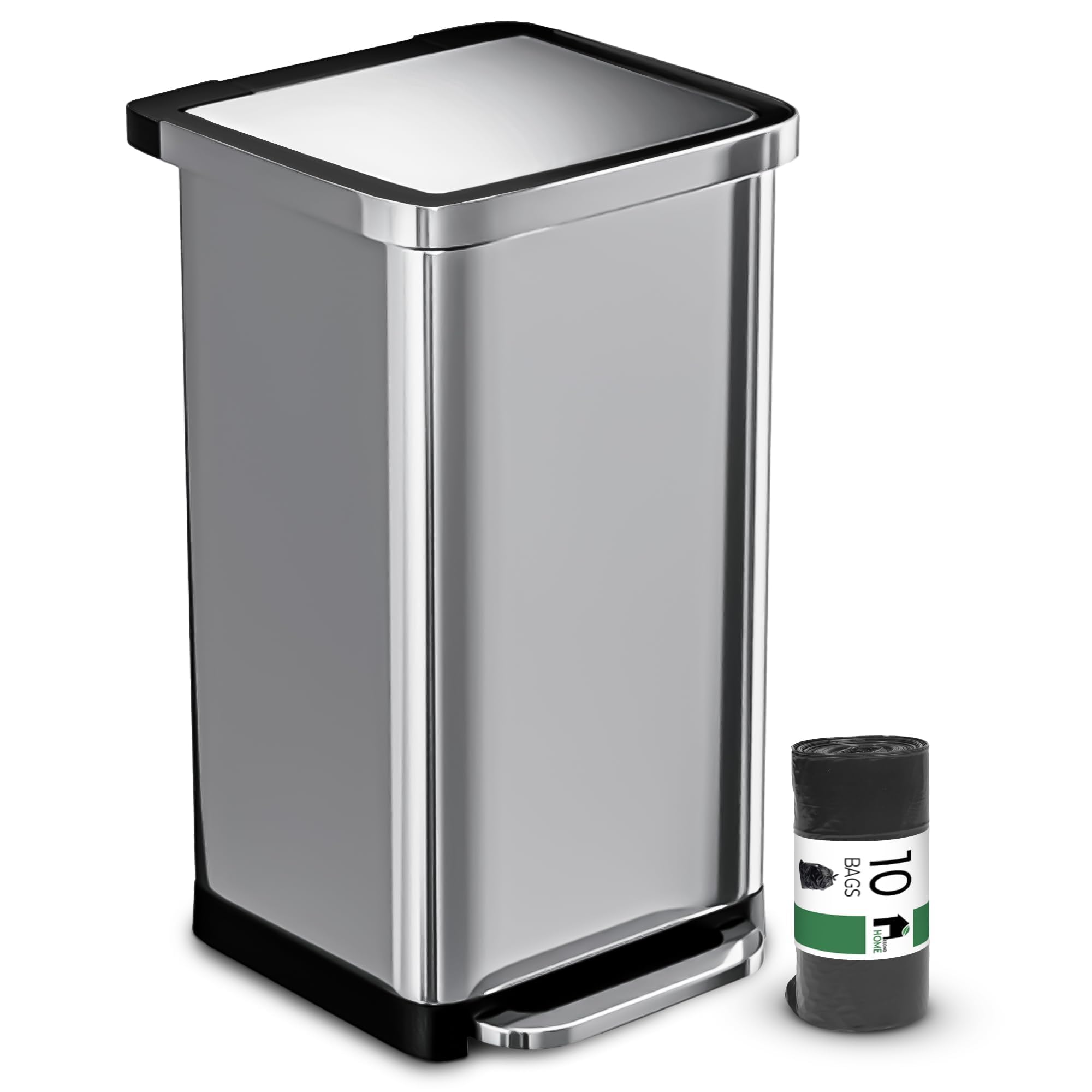 EconoHome 20 Gallon Stainless Steel Large Kitchen Trash Can with Foot Pedal Soft Close Lid and Trash Bag