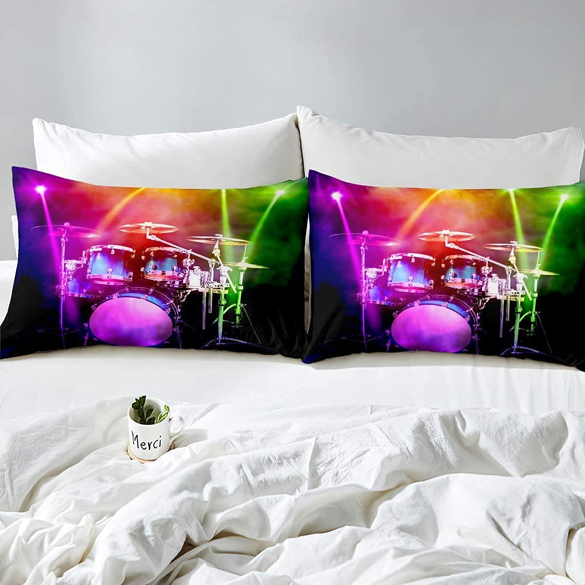 Juego de ropa de cama con diseño de tambor de plumón, con temática musical, para niños y niñas, con purpurina colorida, tamaño king