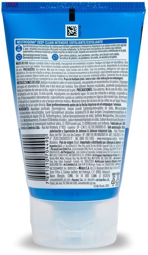Verso do tubo de Neutrogena Deep Clean Intensive Esfoliante Facial com informações e ingredientes