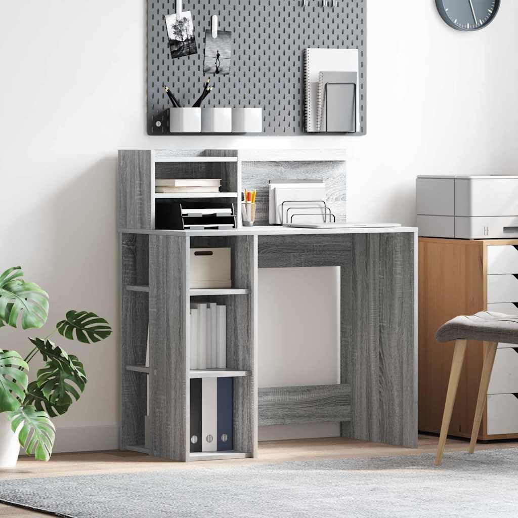 Schreibtisch Graues Sonoma aus Holzwerkstoff 90 x 48 x 101,5 cm, mit 4 Regalen, Stauraum für Homeoffice, Büro, Lernen, PC Arbeit und Ordnung im Zimmer