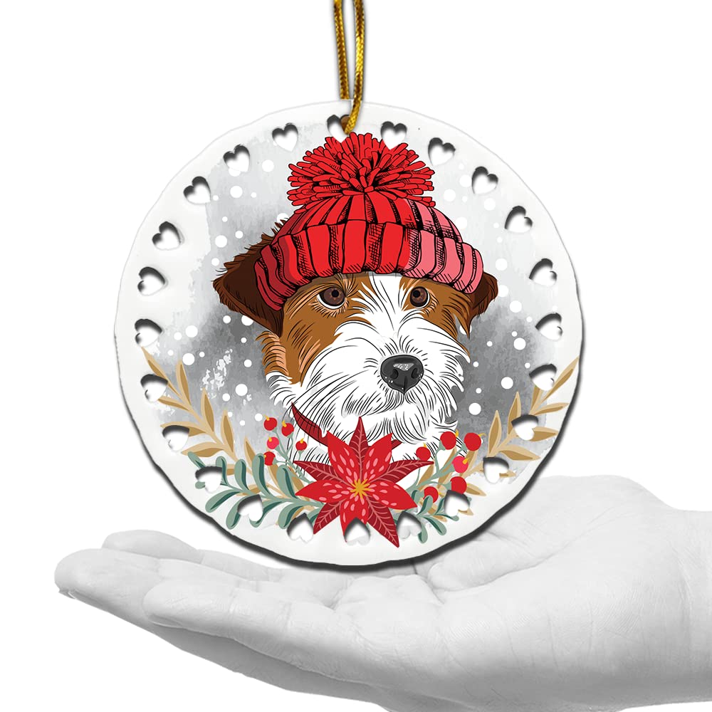 Bella Busta-Dog Christmas Ornament-Dog Lover Gifts-Ceramic Hearts Christmas Tree Ornament-UV Print GOG Face with Christmas Hat (Russell Terrier)