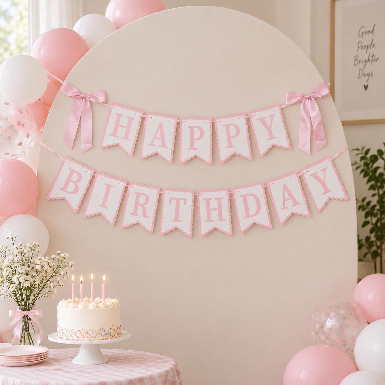 Pink Happy Birthday Banner with Satin Bows -6 Pink Happy Birthday Banner with Satin Bows -6