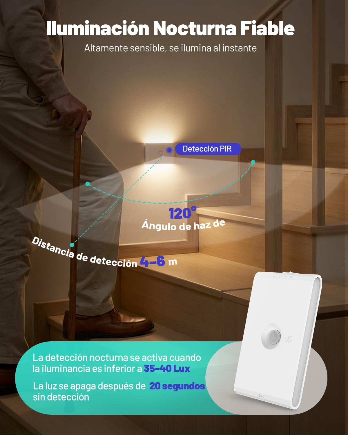 Luz Nocturna con Sensor de Movimiento/Crepuscular a Pilas, Lampara LED Recargable 3 Modos AUTO ON/OFF, Luz Noche Regulable Blanco Cálido/Natural/Frío para Escalera, Pasillo, Cocina, Sótano, 4 Piezas