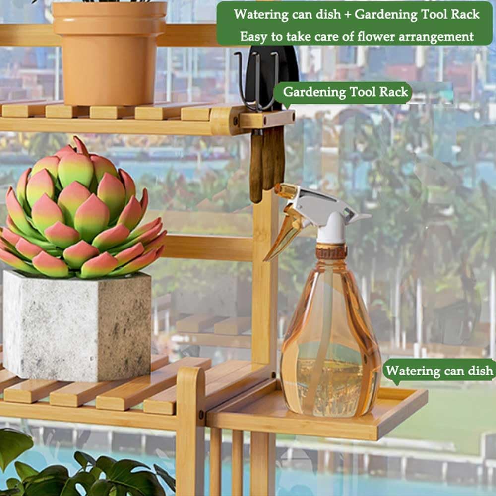 Bamboo Hanging Plant Stand Indoor Outdoor, 4 Tier Ladder Plant Shelf with Hanging Rod for Multiple Plant, Floor Standing Flower Pot Display Organizer for Patio Balcony Porch Living Room