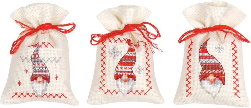 Vervaco Counted Cross Stitch: Pot-Pourri Bag: Christmas Elves (Set of 3), COTTON, NA, 8 x 12cm