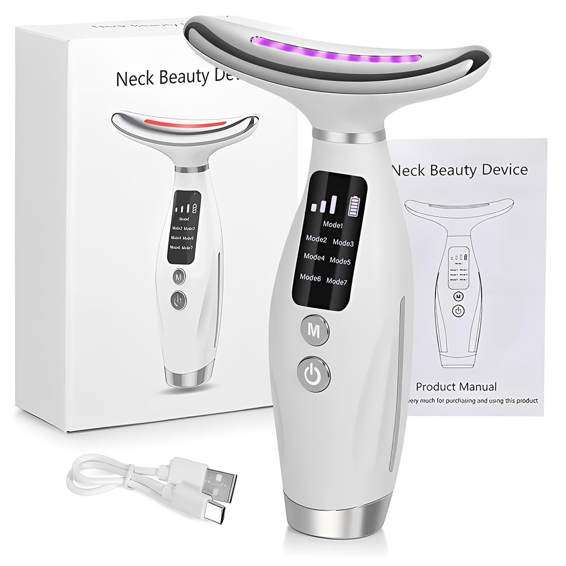 Masajeador Facial Antiarrugas Lifting – 6 Modos & 7 Colores LED Terapia de Luz – Dispositivo de Belleza EMS Microcorriente Cara y Cuello – Masaje Sónico Térmico 45℃ para Papada