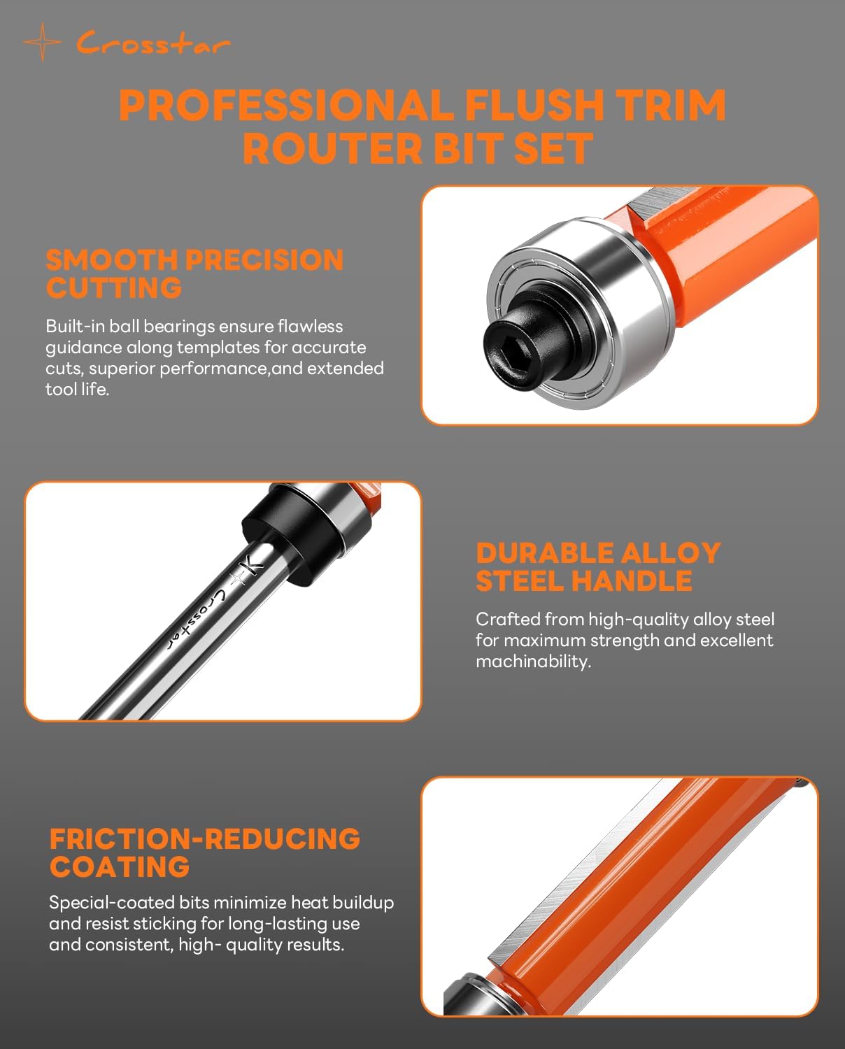 Crosstar 4Pcs Flush Trim Router Bit Set 1/4" Shank, Top & Bottom Bearing, Carbide Template Guide Bits for Woodworking - 1/2" Diameter, 3/4", 1", 1-1/4", 1-1/2" Cutting Length with Wrenches & Bearings
