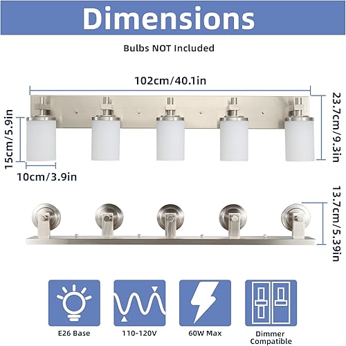 Miniatura 5 de LOUSACE Lámparas de baño sobre espejo de níquel cepillado, 5 luces de tocador de baño con pantallas de vidrio blanco ópalo, apliques de pared