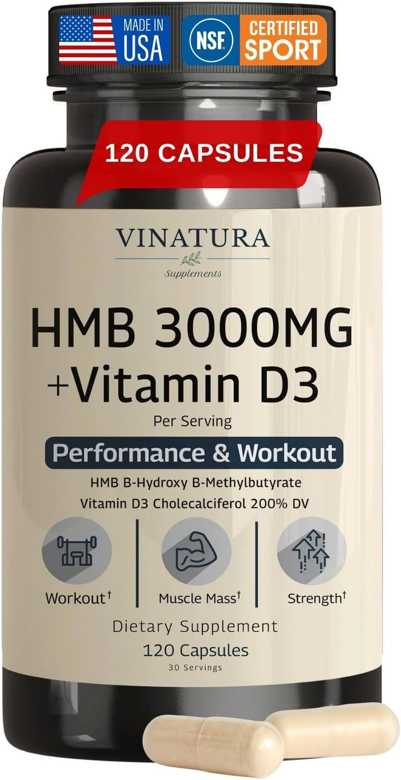 VINATURA HMB 3000mg and Vitamin D3 Supplement - HMB (Beta-Hydroxy Beta-Methylbutyrate), Vitamin D3 (1600 IU), Made in USA & NSF Certified for Sport - 120 Capsules